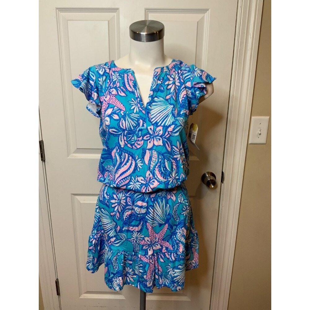 Lilly Pulitzer Blue Pink Floral, Seashell & Starfish Drop Waist Dress, Size XXS